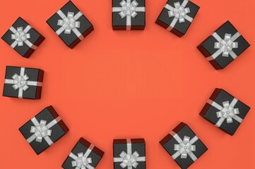 Obraz premium Black gift boxes arranged on a colorful surface, viewed from above, representing a sale event