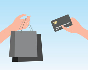 Shopping payment with debit card, hand holding shopping bag and card