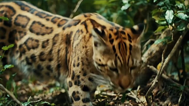 Ocelot Wild Cat Walking Through Dense Jungle Foliage.