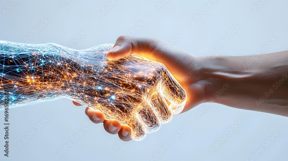 Poster digital transformation handshake with glowing network effect, one hand made of technology particles 