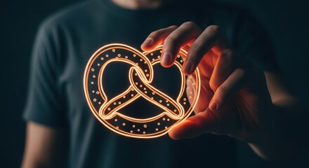 Hand holding glowing pretzel outline with small dots against dark background neon orange