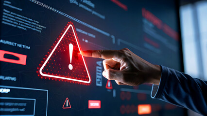 A hand points to a digital screen displaying a red alert triangle with an exclamation point, indicating a cybersecurity threat or system warning