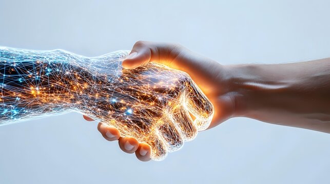Digital transformation handshake with glowing network effect, one hand made of technology particles and light streams connecting with human hand on black background.