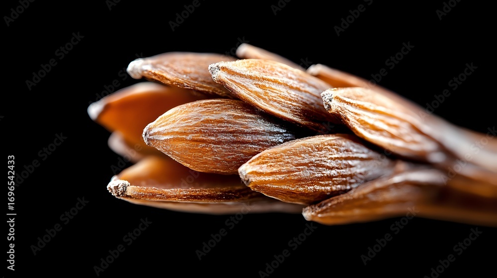 Poster macro shot of brown almond nuts in shell cluster against dark background showing natural texture and