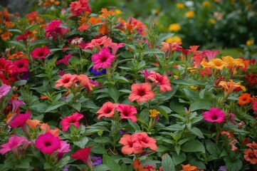 Vibrant petunias blooming in a lush garden setting