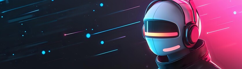 Fototapeta premium Futuristic astronaut helmet with headphones against neon pink and blue space background with glowing particles and meteor shower trails.