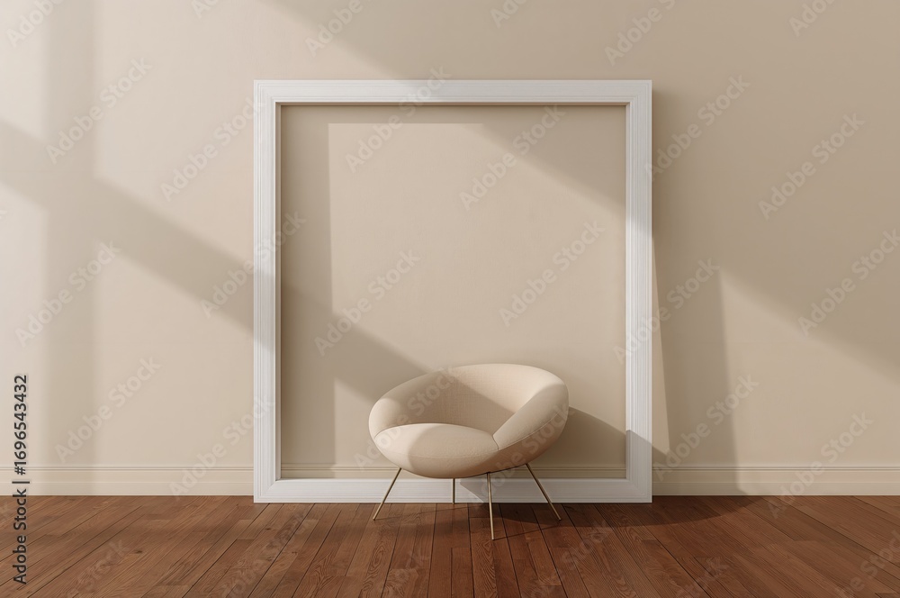 Poster square wooden frame mockup displayed in a modern minimalist environment featuring a circular beige c