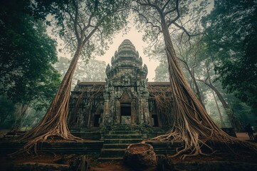 Exploring ancient stone temples amidst dense forest and banyan trees