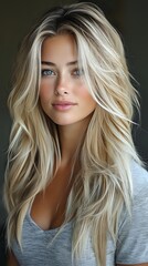 Naklejka premium Young woman with flowing blonde hair and natural makeup wearing casual grey top, looking at camera with confident expression against dark background.