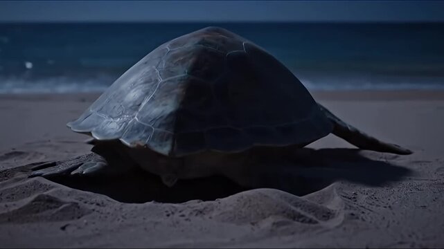 Sea Turtle Laying Eggs on a Sandy Beach at Night.