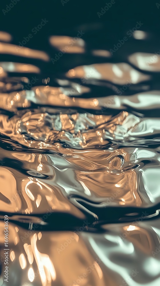 Poster abstract liquid metal surface with golden and silver ripples creating dynamic waves and reflections 