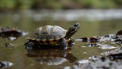 A Small Turtle Taking a Slow and Steady Journey Down a Forest Path