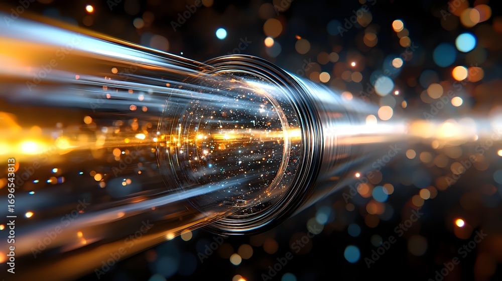 Aufkleber glowing energy beam with light rings and particles against dark background creates futuristic techno