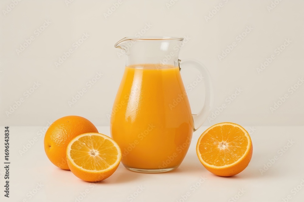Poster pitcher of freshly squeezed orange juice with assorted fruits on a bright surface and room for text