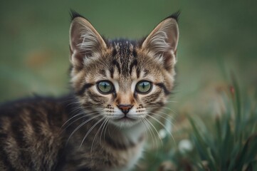 Obraz premium Close-up of a small tabby kitten with a blurred background