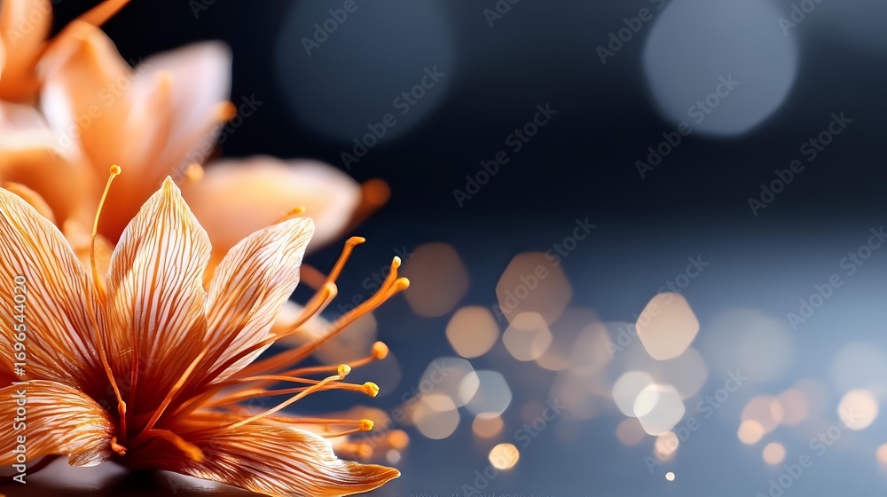 Poster delicate peach lily flower with stamens in macro view against dark background with soft bokeh lights