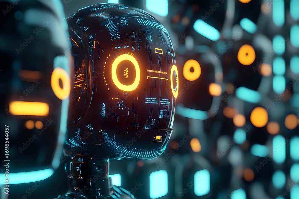 Poster futuristic robotic camera lens with glowing orange power button and digital interface elements again