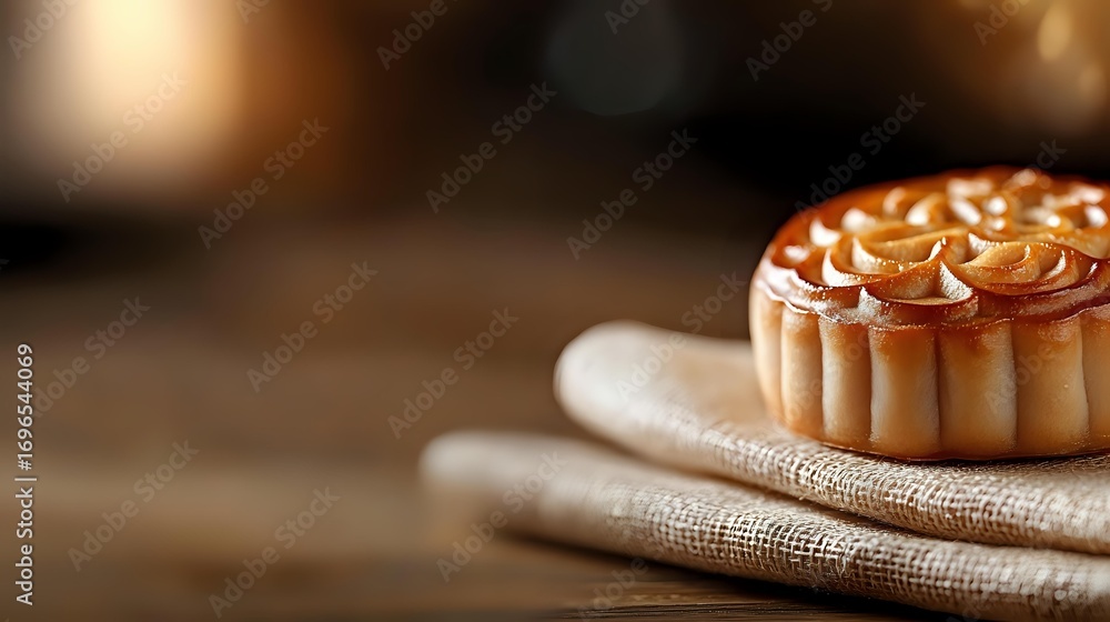 Poster traditional mooncake with ornate pattern on top served on rustic linen napkin against dark wooden ba