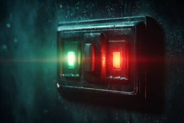 Illuminated toggle switch with green and red lights set against a dark, textured backdrop.