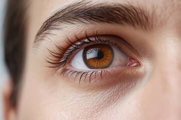 Obraz premium Small pupil, brown orb with isolated brown-orange iris texture on white background, created with AI generative techniques
