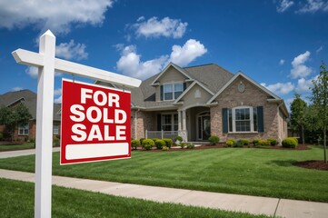 Real Estate For Sale Sign Facing Left Outside Home Under Clear Blue Sky