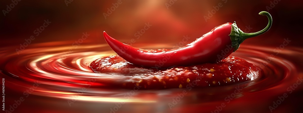 Poster fresh red chili pepper floating on rippling liquid surface with dramatic lighting and splashes creat