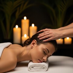 Relaxing head massage with candles in a serene spa setting
