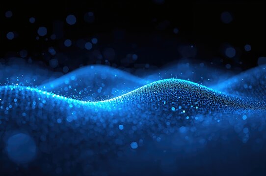 Particles creating linear and surface grids in a sci-fi glowing scene with depth effects and bokeh. Animated microcosm motion graphics in blue. - Powered by Adobe