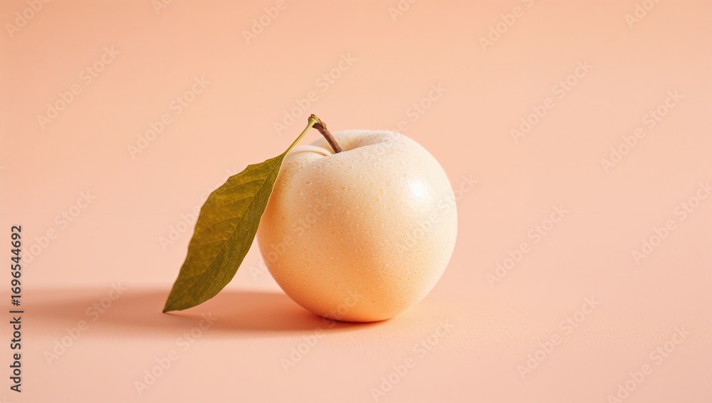 Poster single fresh white peach and leaf on a peach-hued background with clipping path applied