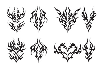 Engraving illustration of tribal tattoo design set, retro sketch collection symbolizing strength, culture, decoration, and traditional art.