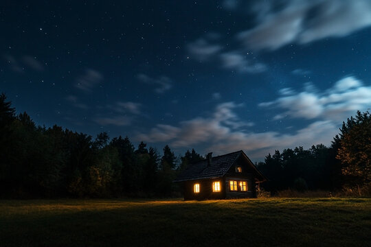 Serene illuminated cottage under a celestial night sky in the wilderness