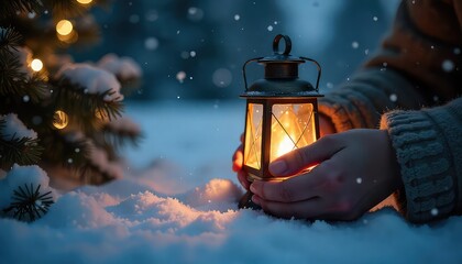A person holding a lantern in the snow near a christmas tree with christmas lights at night time