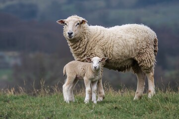Obraz premium Springtime scene of a mother ewe and her twin lambs sharing a gentle moment in a pastoral setting.
