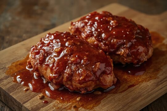 Grilled chicken glazed with smoky barbecue sauce served on a wooden platter