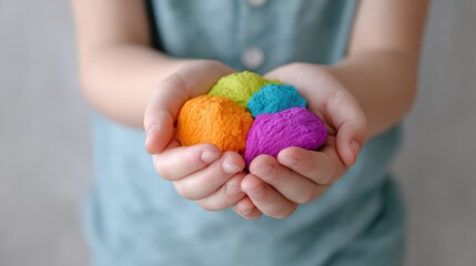 Child's hands holding colorful play dough in vibrant shades of orange, green, blue, and purple, showcasing creativity and artistic expression in a playful environment
