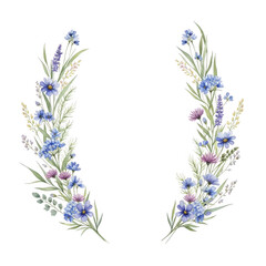 Obraz premium Watercolor floral wreath with blue and purple flowers isolated on transparent background
