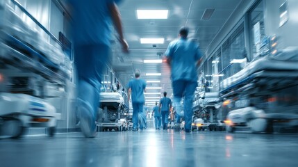 Fototapeta premium Urgent Medical Care Concept with Blurred Movement of Healthcare Workers in Hospital