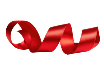 A vibrant, glossy red ribbon curls in a spiral, against a stark black background.  The ribbon's smooth, satin-like texture is highlighted