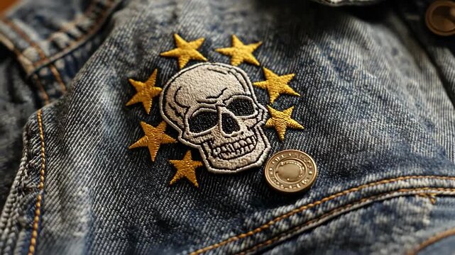 Denim jacket with skull and star patch, close-up. Edgy, stylish, and cool.