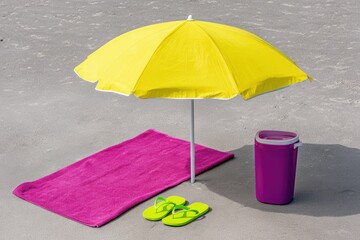 Bright yellow beach umbrella provides shade over a pink towel and green flip-flops, with a purple cooler nearby, creating a vibrant summer relaxation scene