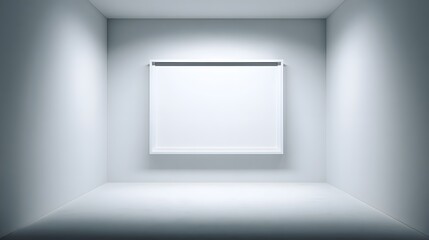 A minimalist, light-filled gallery space showcases a blank, framed canvas, bathed in soft, even illumination.