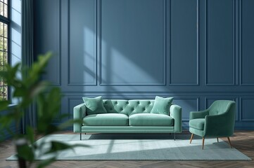 Obraz premium Contemporary lounge setup featuring a mint green couch, armchair, and elegant interior design backdrop. AI-generated image