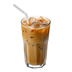 Iced coffee drink with straw isolated on transparent background, refreshing cold beverage in tall glass with ice cubes, brown coffee layers, creamy texture, perfect for cafe, summer, breakfast, and be
