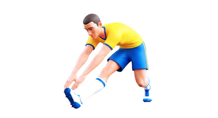 3d cartoon soccer player stretching pregame ritual, hamstring flexibility, athletic power, isolated on transparent background