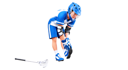 3d cartoon lacrosse player pregame ritual, focused athlete, intense concentration, isolated on transparent background