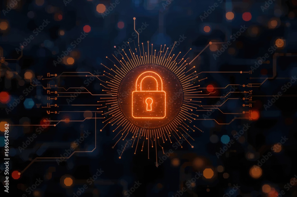 Fototapete holographic digital security display featuring a luminous lock at its core. circuitry of a padlock w