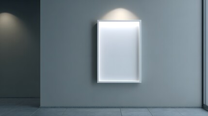 A modern, minimalist interior showcasing a white picture frame against a muted gray wall, illuminated by subtle light.