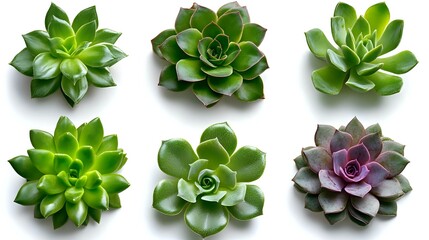 Green and purple succulent plants collection isolated on white background, top view arrangement of echeveria rosettes for garden design and floral decoration.