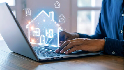 Man using laptop with smart home automation interface, showcasing modern technology and connectivity for controlling home systems and energy efficiency