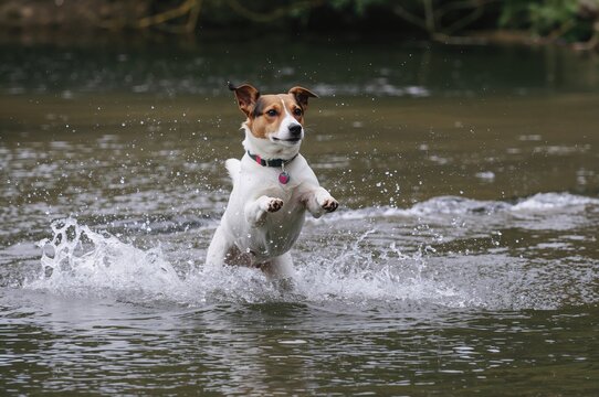 Energetic Terrier Leaping Over a Stream